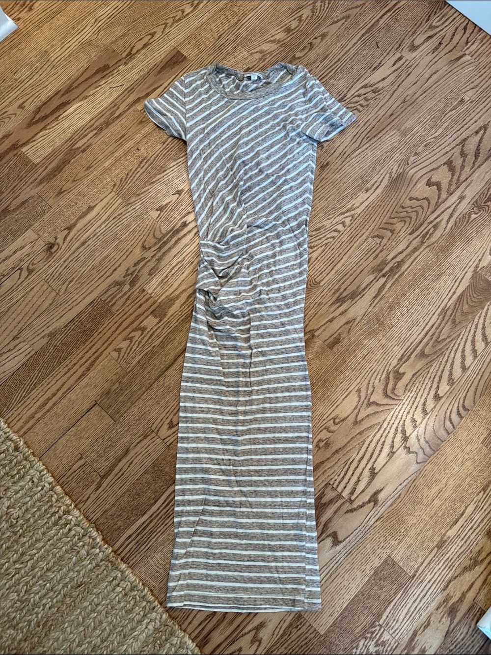 James Perse Tan and Cream Striped Short-Sleeve Maxi Dress